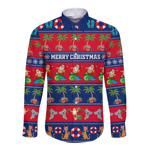 personalised-australia-christmas-long-sleeve-button-shirt-aussie-santa-claus-beach-xmas-vibes