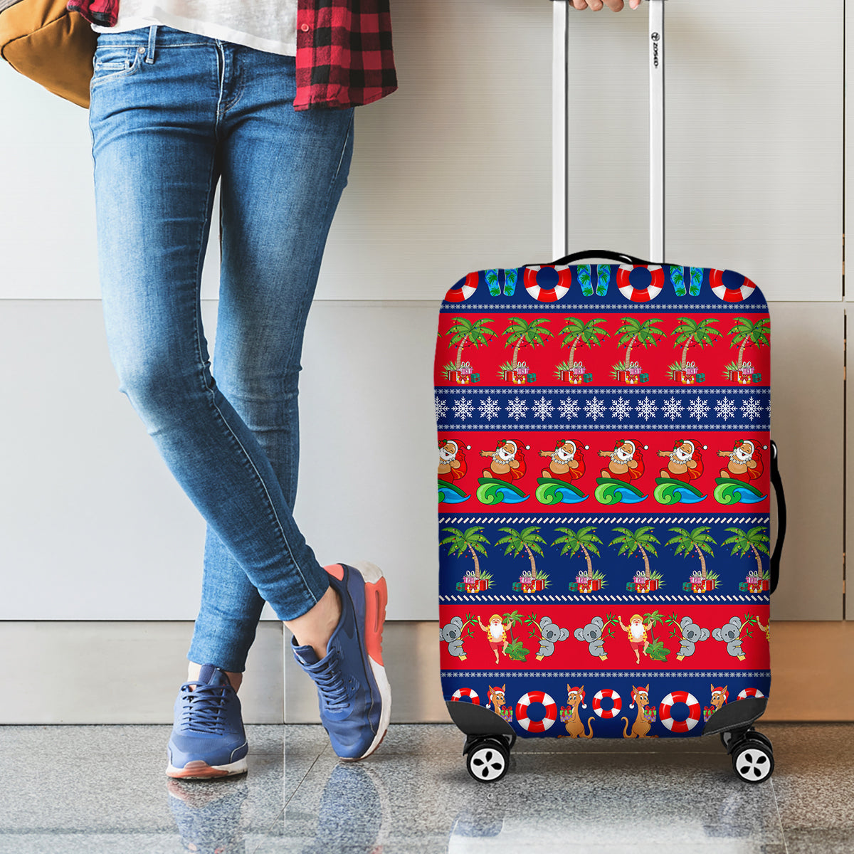 personalised-australia-christmas-luggage-cover-aussie-santa-claus-beach-xmas-vibes