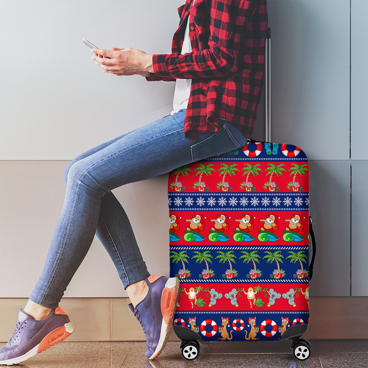 personalised-australia-christmas-luggage-cover-aussie-santa-claus-beach-xmas-vibes