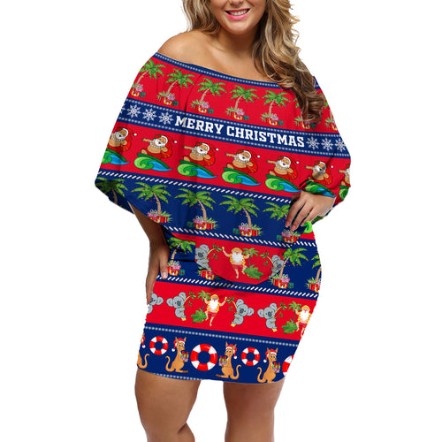 personalised-australia-christmas-off-shoulder-short-dress-aussie-santa-claus-beach-xmas-vibes