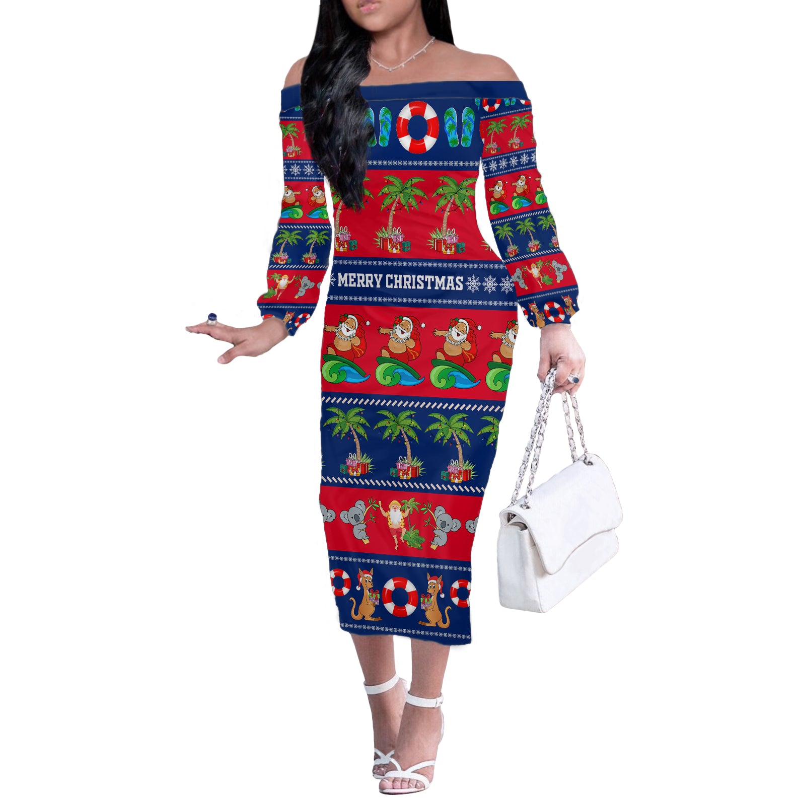 personalised-australia-christmas-off-the-shoulder-long-sleeve-dress-aussie-santa-claus-beach-xmas-vibes