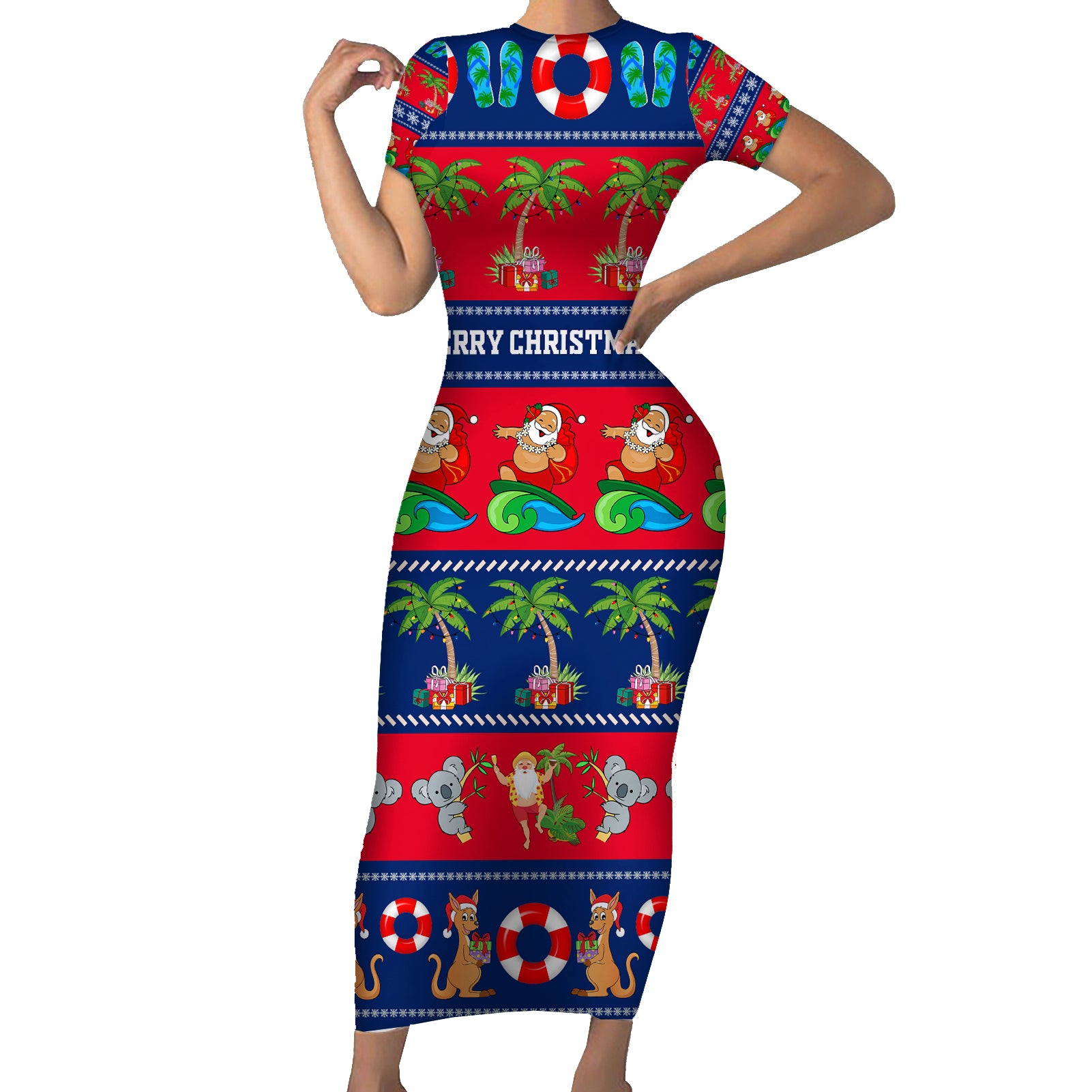 personalised-australia-christmas-short-sleeve-bodycon-dress-aussie-santa-claus-beach-xmas-vibes