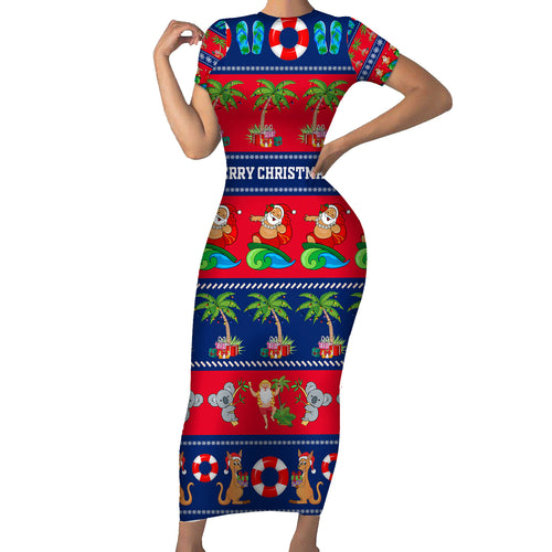 personalised-australia-christmas-short-sleeve-bodycon-dress-aussie-santa-claus-beach-xmas-vibes
