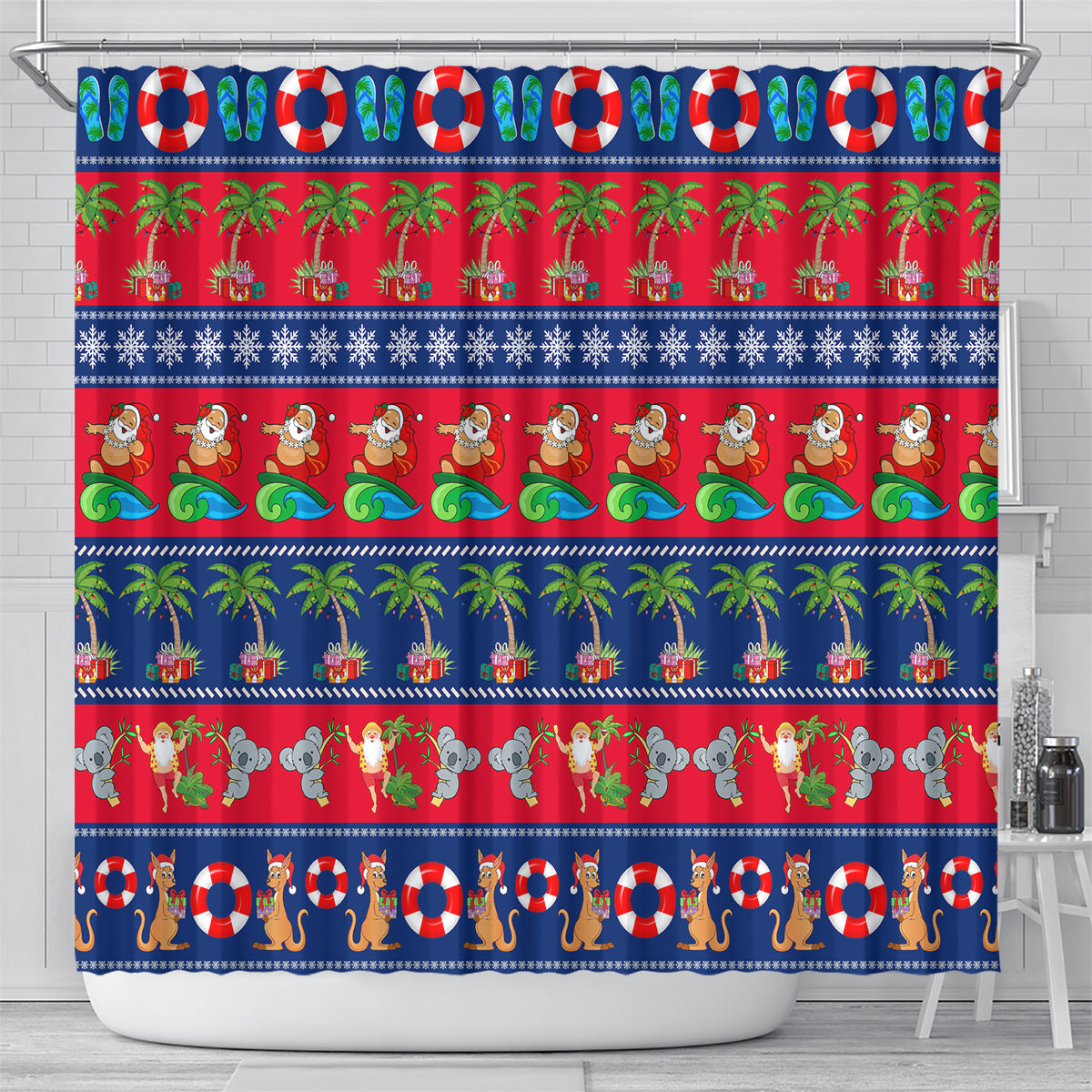 personalised-australia-christmas-shower-curtain-aussie-santa-claus-beach-xmas-vibes