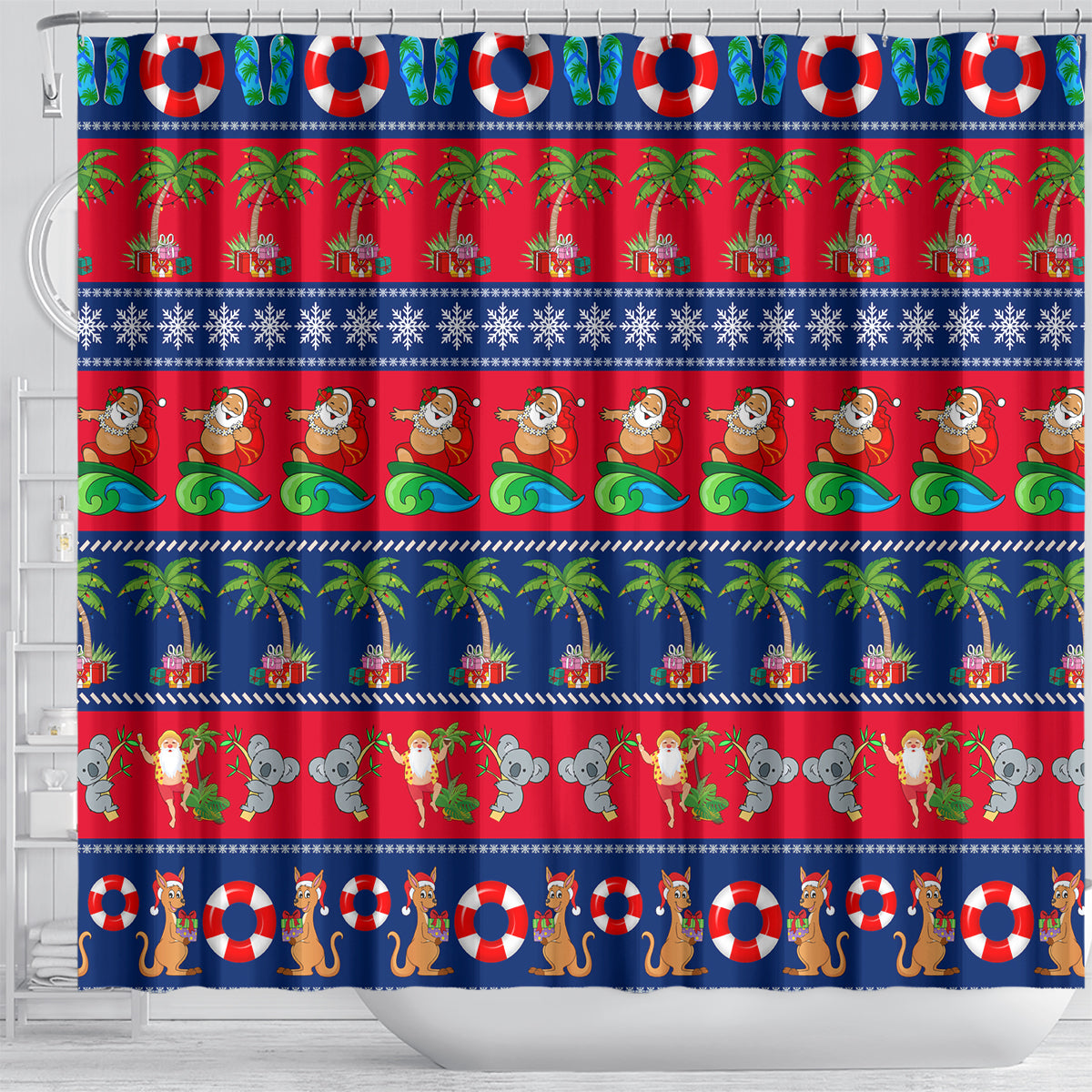 personalised-australia-christmas-shower-curtain-aussie-santa-claus-beach-xmas-vibes