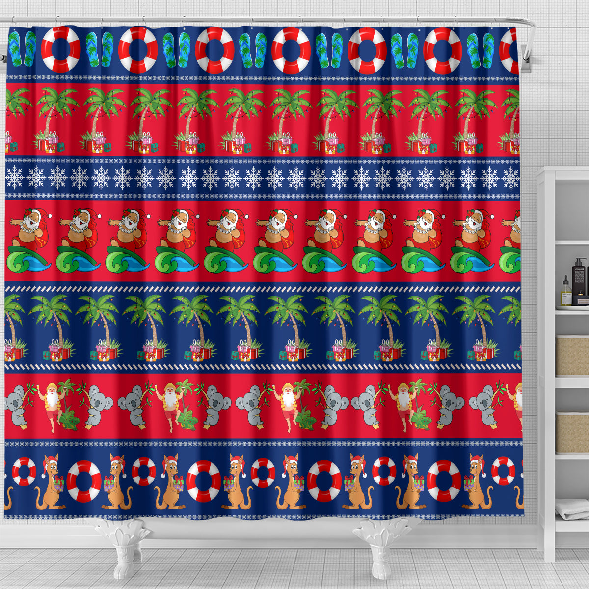 personalised-australia-christmas-shower-curtain-aussie-santa-claus-beach-xmas-vibes
