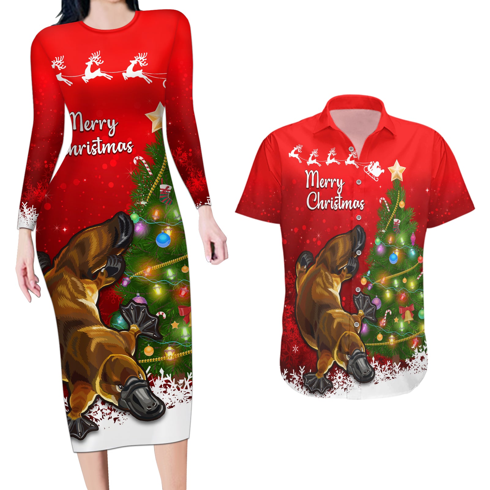 personalised-australia-christmas-couples-matching-long-sleeve-bodycon-dress-and-hawaiian-shirt-aussie-platypus-xmas-vibes