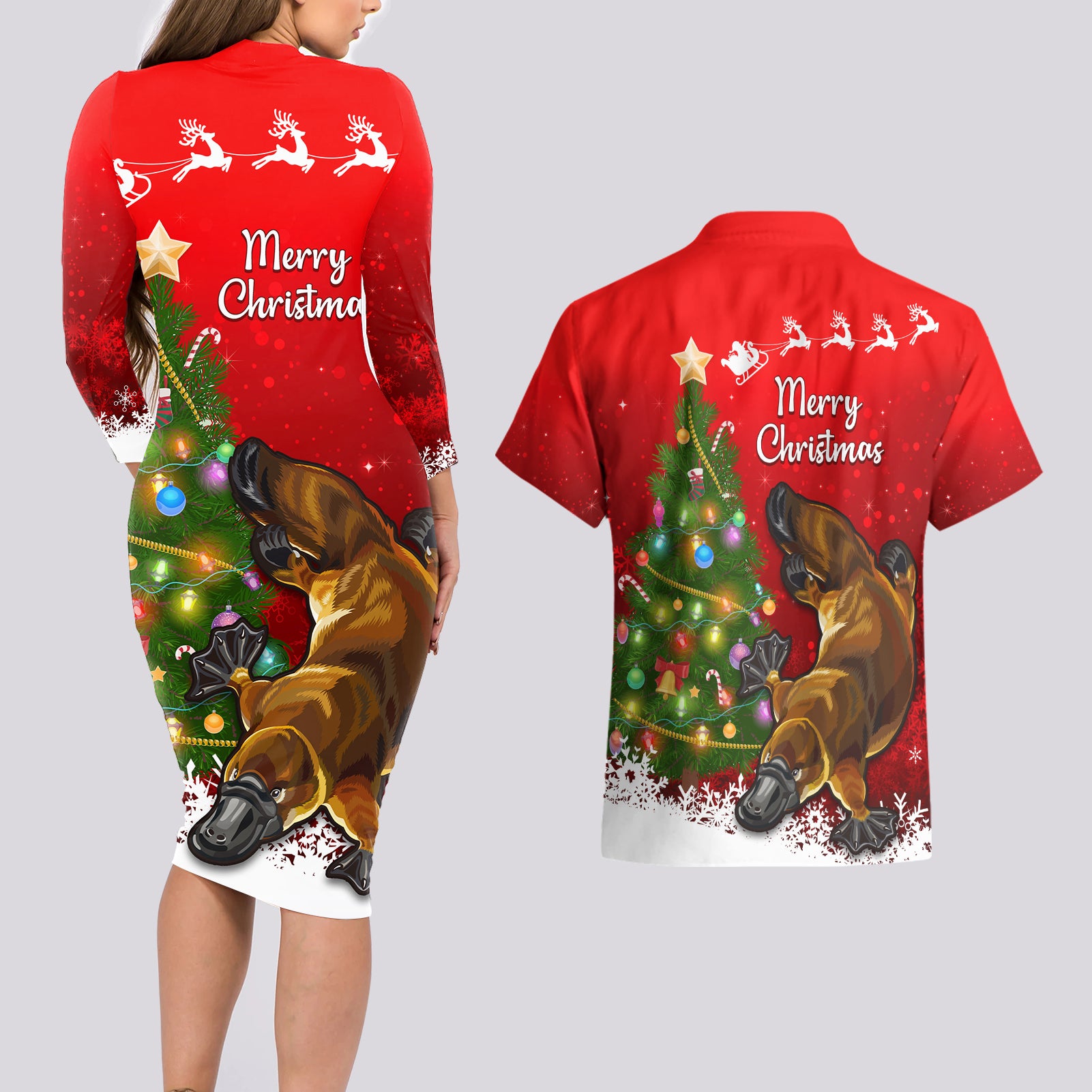 personalised-australia-christmas-couples-matching-long-sleeve-bodycon-dress-and-hawaiian-shirt-aussie-platypus-xmas-vibes