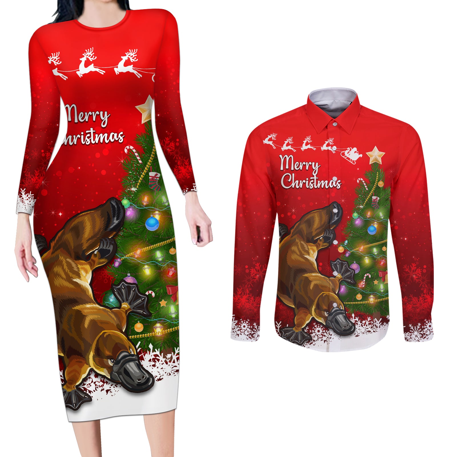 personalised-australia-christmas-couples-matching-long-sleeve-bodycon-dress-and-long-sleeve-button-shirt-aussie-platypus-xmas-vibes