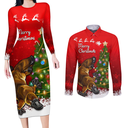 personalised-australia-christmas-couples-matching-long-sleeve-bodycon-dress-and-long-sleeve-button-shirt-aussie-platypus-xmas-vibes