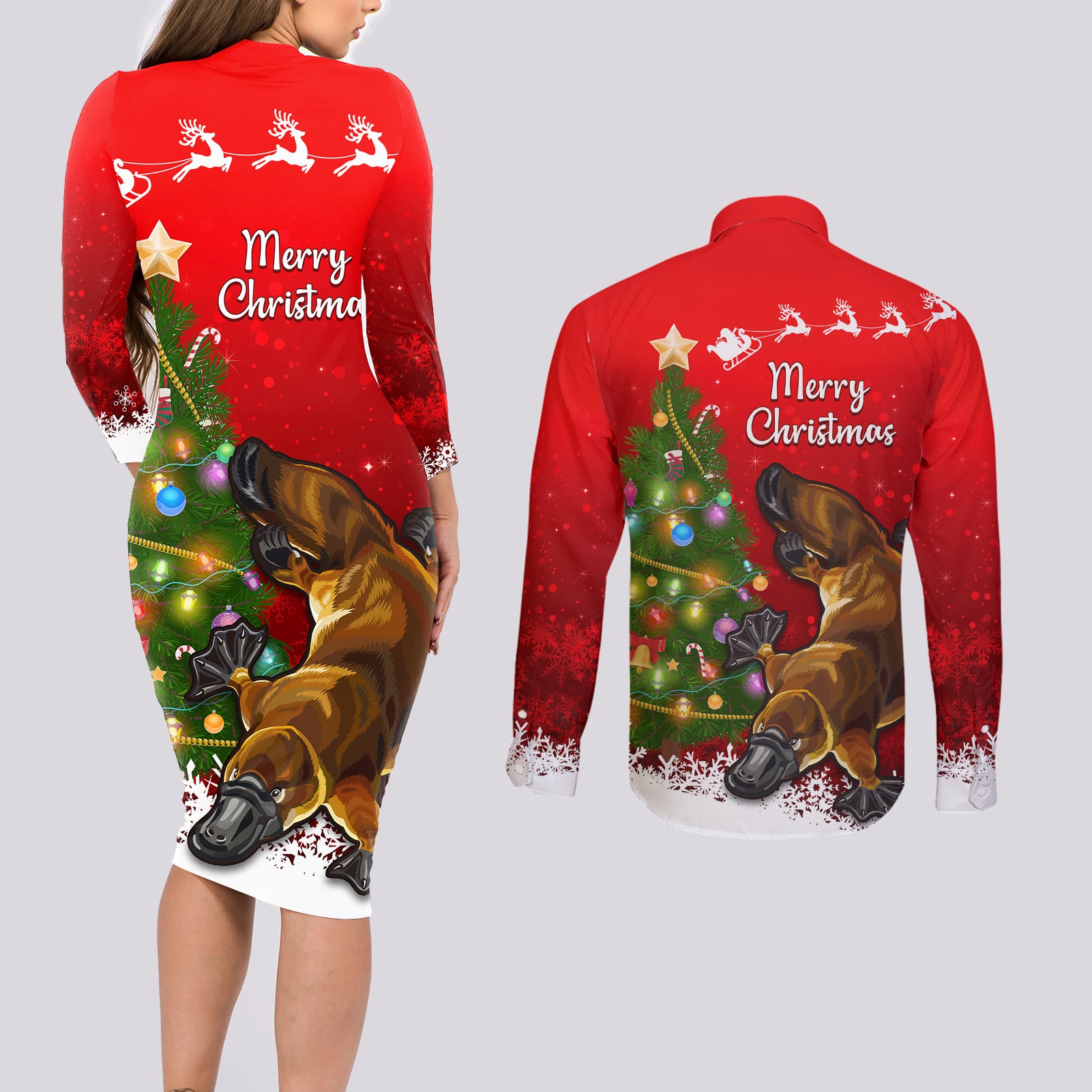personalised-australia-christmas-couples-matching-long-sleeve-bodycon-dress-and-long-sleeve-button-shirt-aussie-platypus-xmas-vibes
