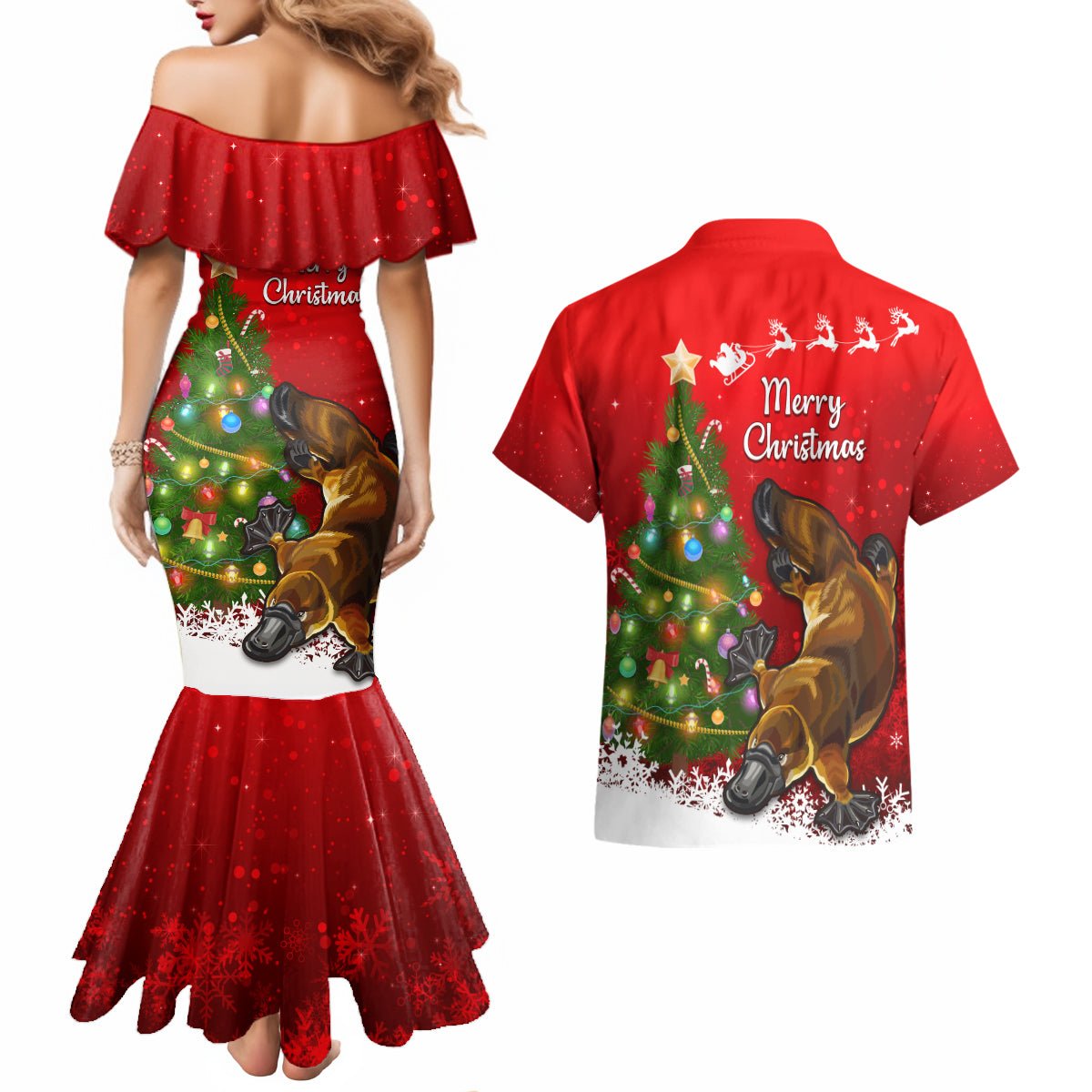 personalised-australia-christmas-couples-matching-mermaid-dress-and-hawaiian-shirt-aussie-platypus-xmas-vibes
