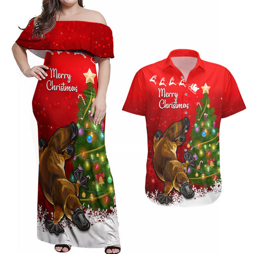 personalised-australia-christmas-couples-matching-off-shoulder-maxi-dress-and-hawaiian-shirt-aussie-platypus-xmas-vibes