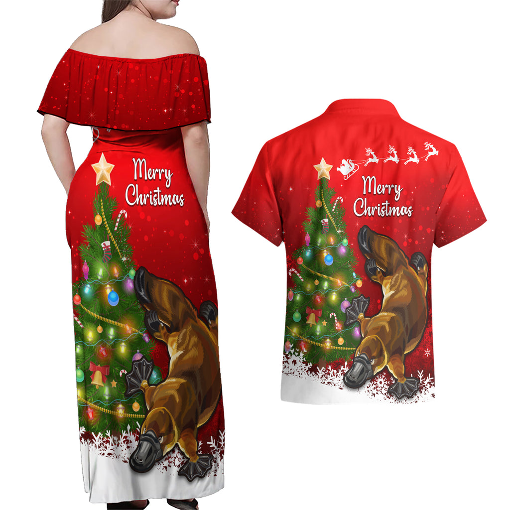 personalised-australia-christmas-couples-matching-off-shoulder-maxi-dress-and-hawaiian-shirt-aussie-platypus-xmas-vibes