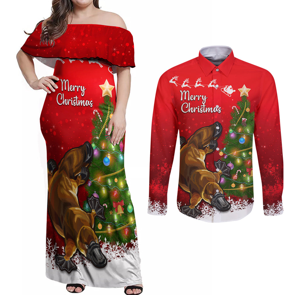 personalised-australia-christmas-couples-matching-off-shoulder-maxi-dress-and-long-sleeve-button-shirt-aussie-platypus-xmas-vibes