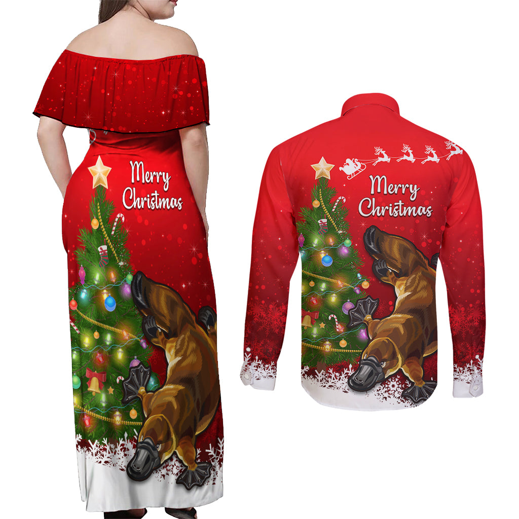 personalised-australia-christmas-couples-matching-off-shoulder-maxi-dress-and-long-sleeve-button-shirt-aussie-platypus-xmas-vibes