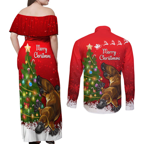 personalised-australia-christmas-couples-matching-off-shoulder-maxi-dress-and-long-sleeve-button-shirt-aussie-platypus-xmas-vibes