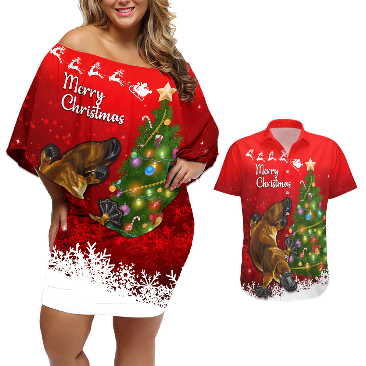 personalised-australia-christmas-couples-matching-off-shoulder-short-dress-and-hawaiian-shirt-aussie-platypus-xmas-vibes