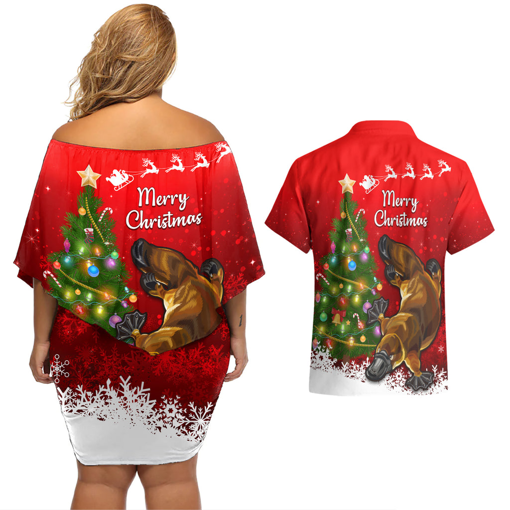 personalised-australia-christmas-couples-matching-off-shoulder-short-dress-and-hawaiian-shirt-aussie-platypus-xmas-vibes
