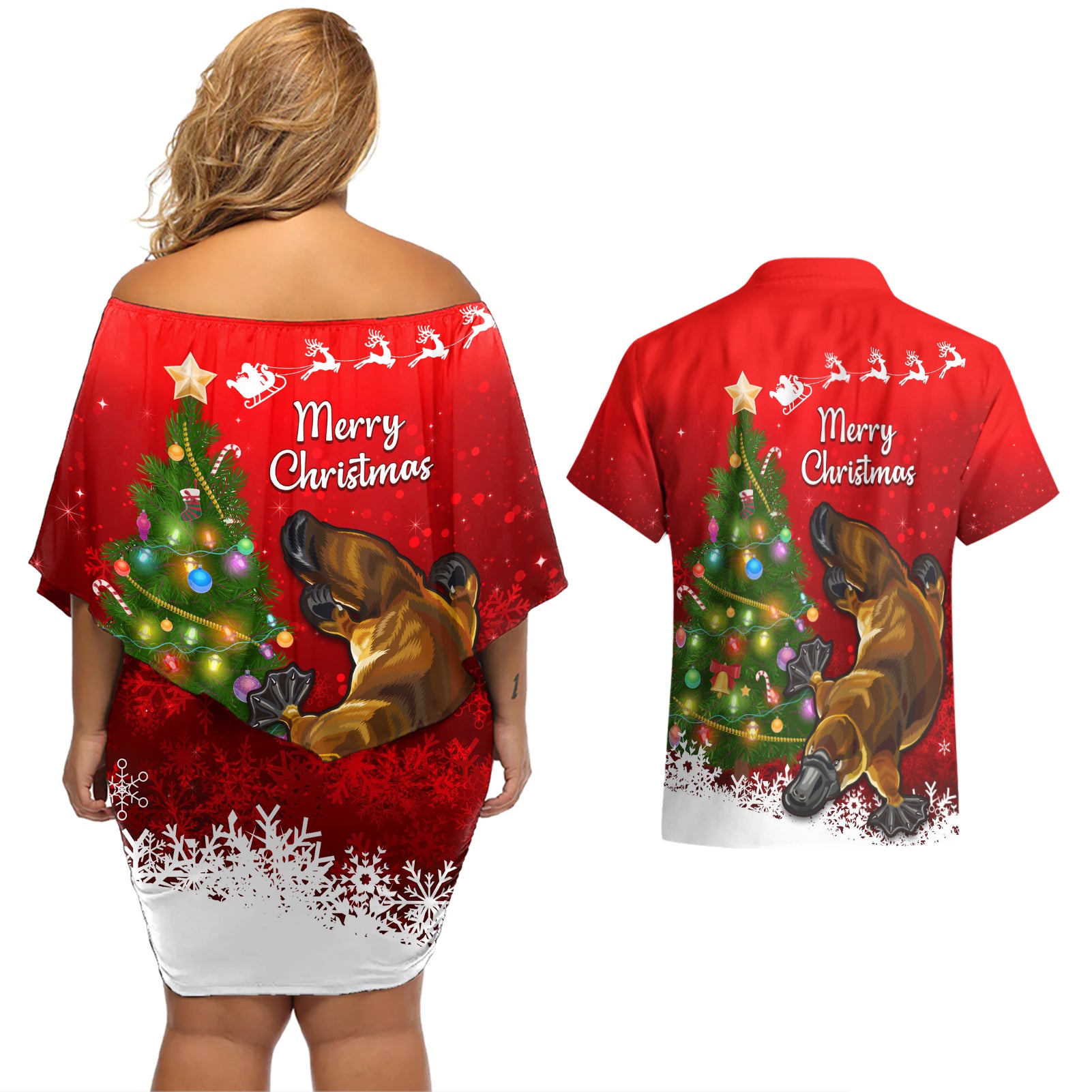 personalised-australia-christmas-couples-matching-off-shoulder-short-dress-and-hawaiian-shirt-aussie-platypus-xmas-vibes