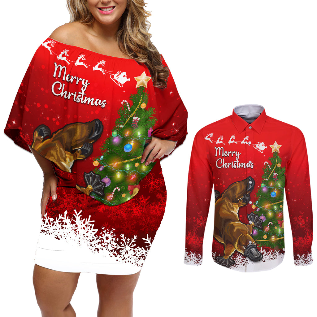 personalised-australia-christmas-couples-matching-off-shoulder-short-dress-and-long-sleeve-button-shirt-aussie-platypus-xmas-vibes