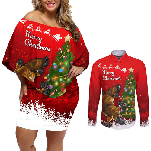 personalised-australia-christmas-couples-matching-off-shoulder-short-dress-and-long-sleeve-button-shirt-aussie-platypus-xmas-vibes