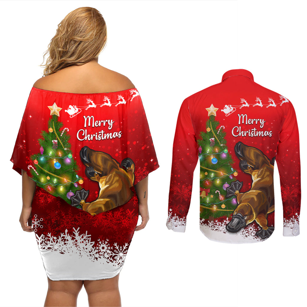 personalised-australia-christmas-couples-matching-off-shoulder-short-dress-and-long-sleeve-button-shirt-aussie-platypus-xmas-vibes