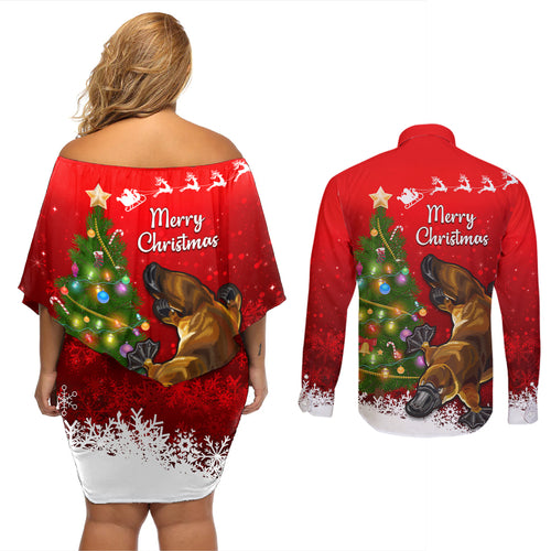 personalised-australia-christmas-couples-matching-off-shoulder-short-dress-and-long-sleeve-button-shirt-aussie-platypus-xmas-vibes