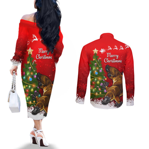 personalised-australia-christmas-couples-matching-off-the-shoulder-long-sleeve-dress-and-long-sleeve-button-shirt-aussie-platypus-xmas-vibes