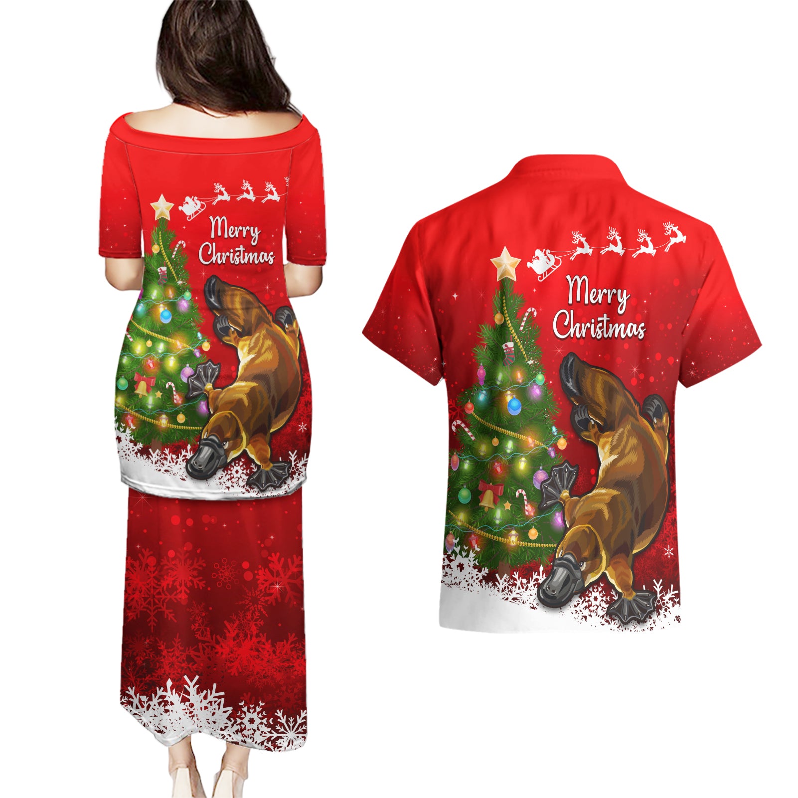 personalised-australia-christmas-couples-matching-puletasi-dress-and-hawaiian-shirt-aussie-platypus-xmas-vibes