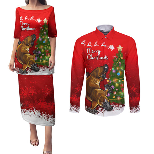 personalised-australia-christmas-couples-matching-puletasi-dress-and-long-sleeve-button-shirt-aussie-platypus-xmas-vibes