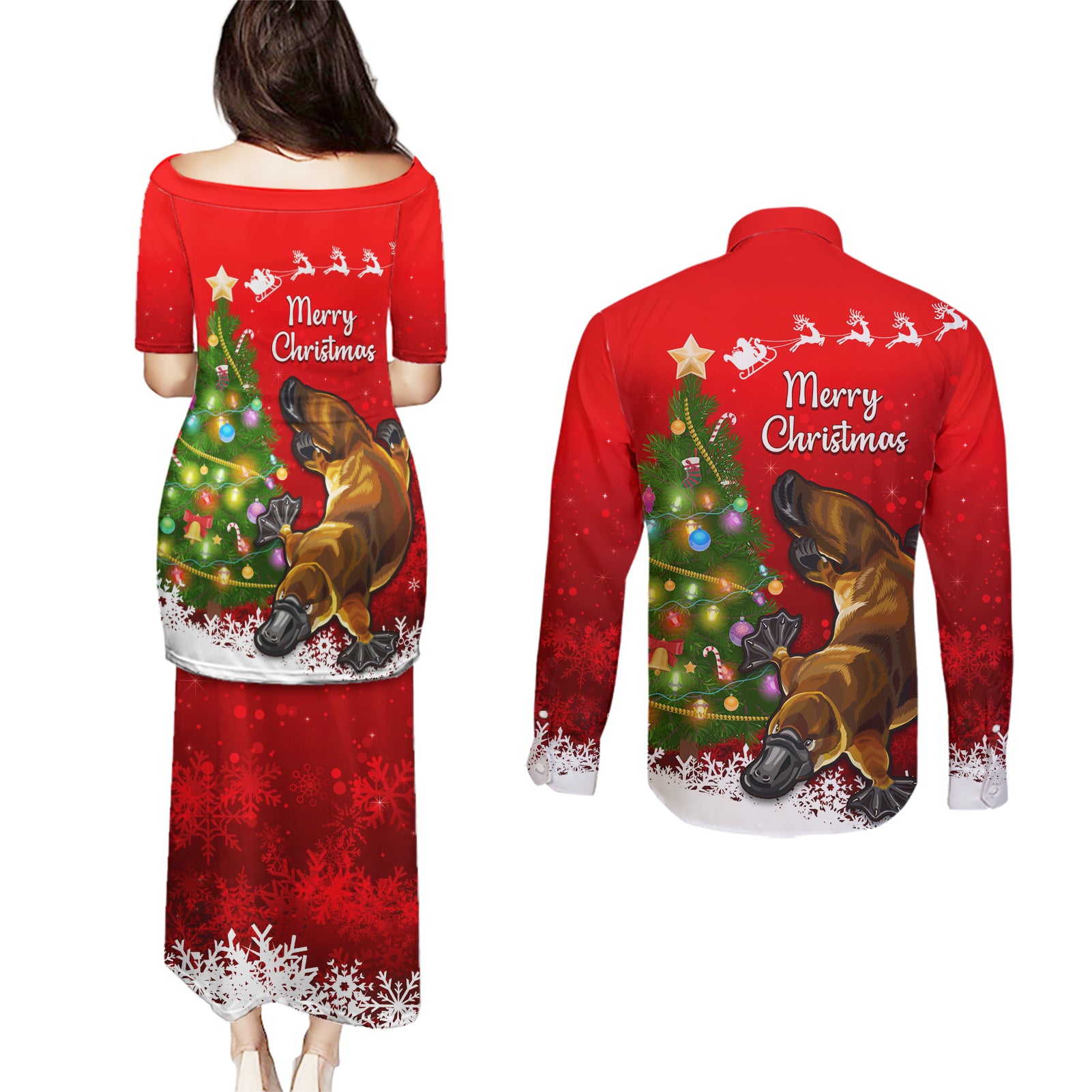 personalised-australia-christmas-couples-matching-puletasi-dress-and-long-sleeve-button-shirt-aussie-platypus-xmas-vibes