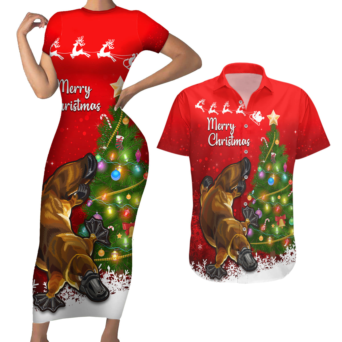 personalised-australia-christmas-couples-matching-short-sleeve-bodycon-dress-and-hawaiian-shirt-aussie-platypus-xmas-vibes