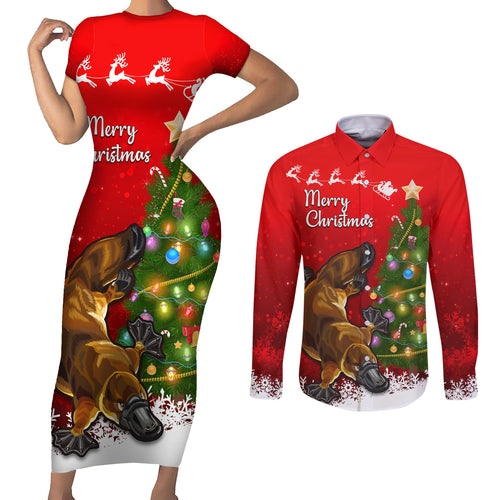 personalised-australia-christmas-couples-matching-short-sleeve-bodycon-dress-and-long-sleeve-button-shirt-aussie-platypus-xmas-vibes