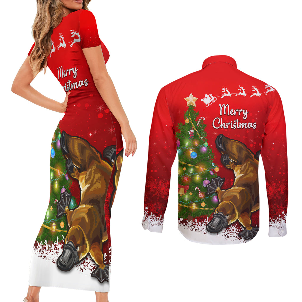 personalised-australia-christmas-couples-matching-short-sleeve-bodycon-dress-and-long-sleeve-button-shirt-aussie-platypus-xmas-vibes