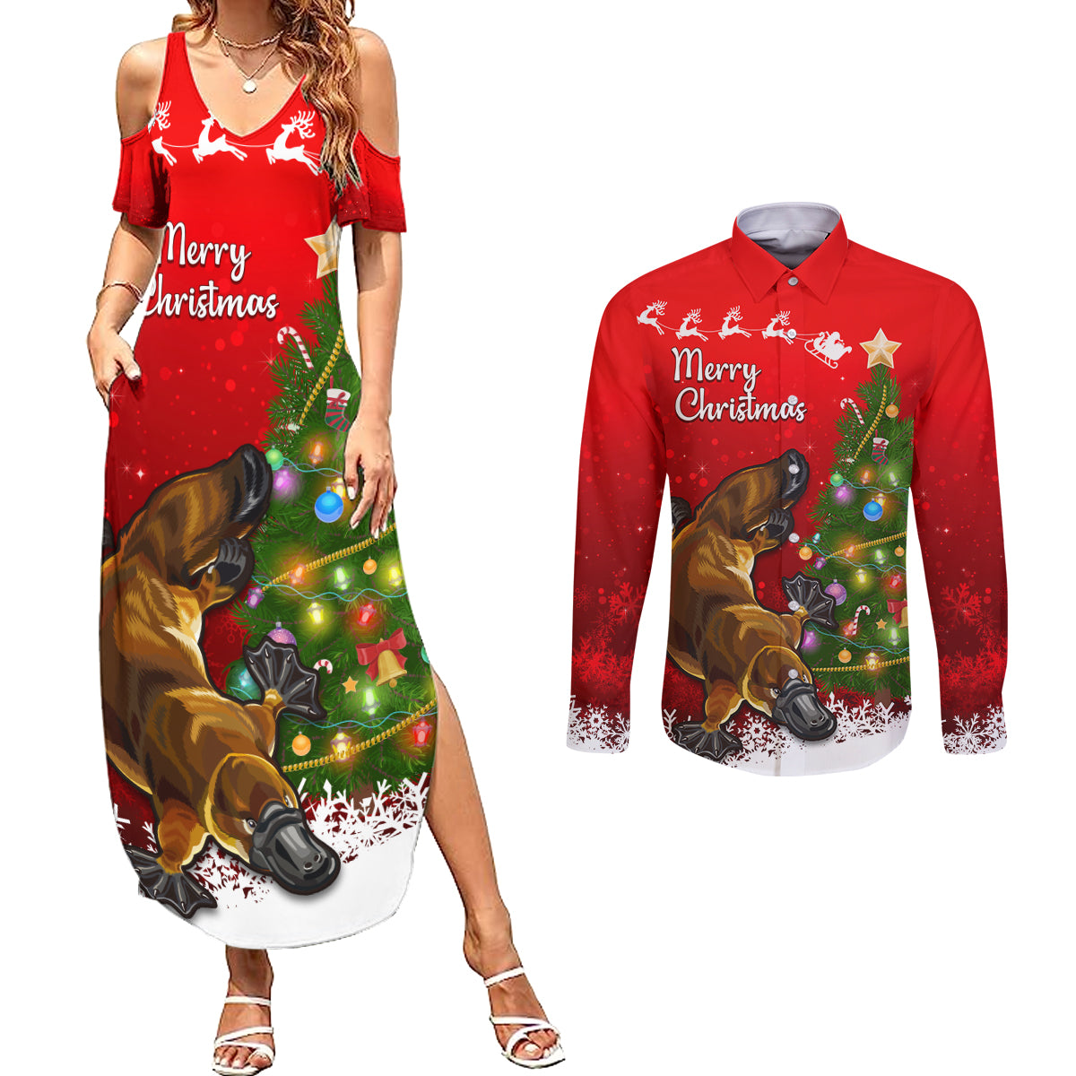 personalised-australia-christmas-couples-matching-summer-maxi-dress-and-long-sleeve-button-shirt-aussie-platypus-xmas-vibes