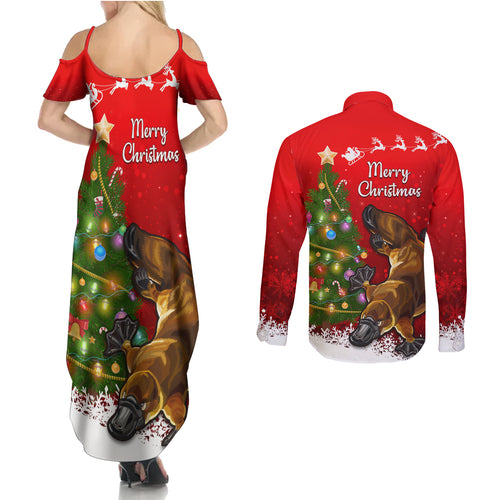 personalised-australia-christmas-couples-matching-summer-maxi-dress-and-long-sleeve-button-shirt-aussie-platypus-xmas-vibes