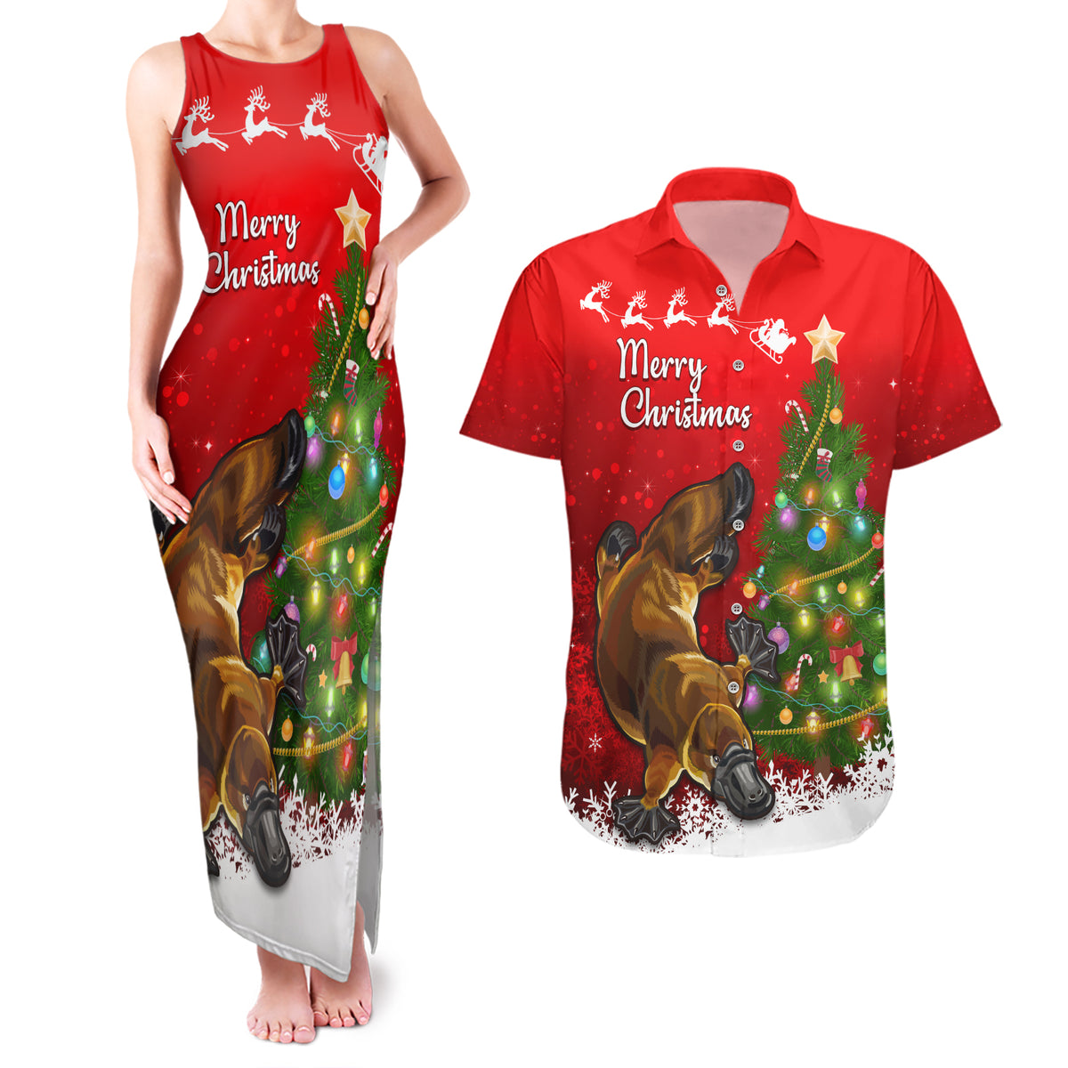 personalised-australia-christmas-couples-matching-tank-maxi-dress-and-hawaiian-shirt-aussie-platypus-xmas-vibes