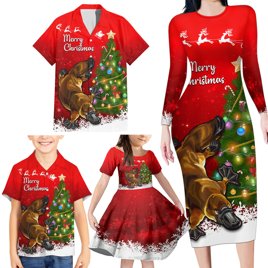 personalised-australia-christmas-family-matching-long-sleeve-bodycon-dress-and-hawaiian-shirt-aussie-platypus-xmas-vibes