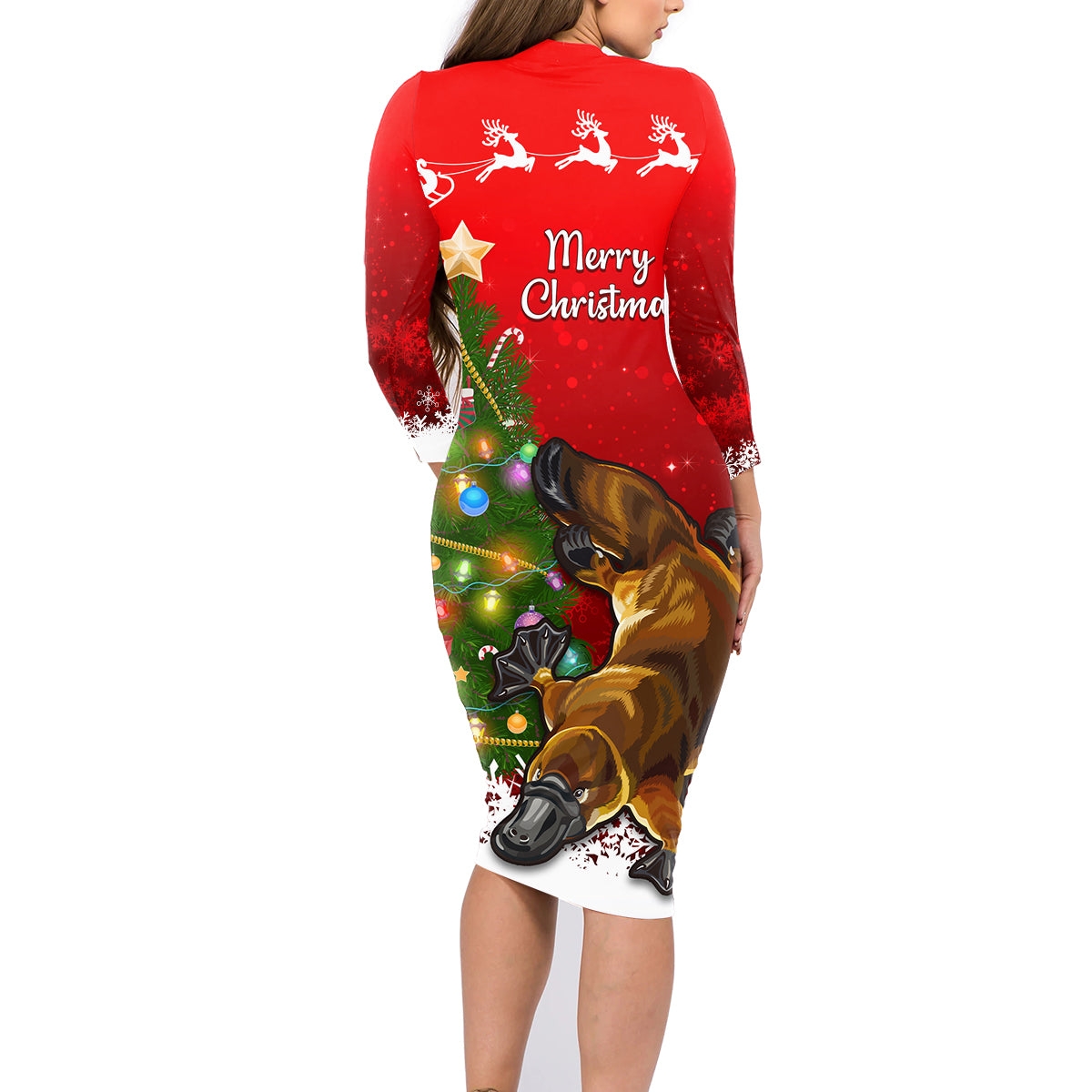 personalised-australia-christmas-family-matching-long-sleeve-bodycon-dress-and-hawaiian-shirt-aussie-platypus-xmas-vibes