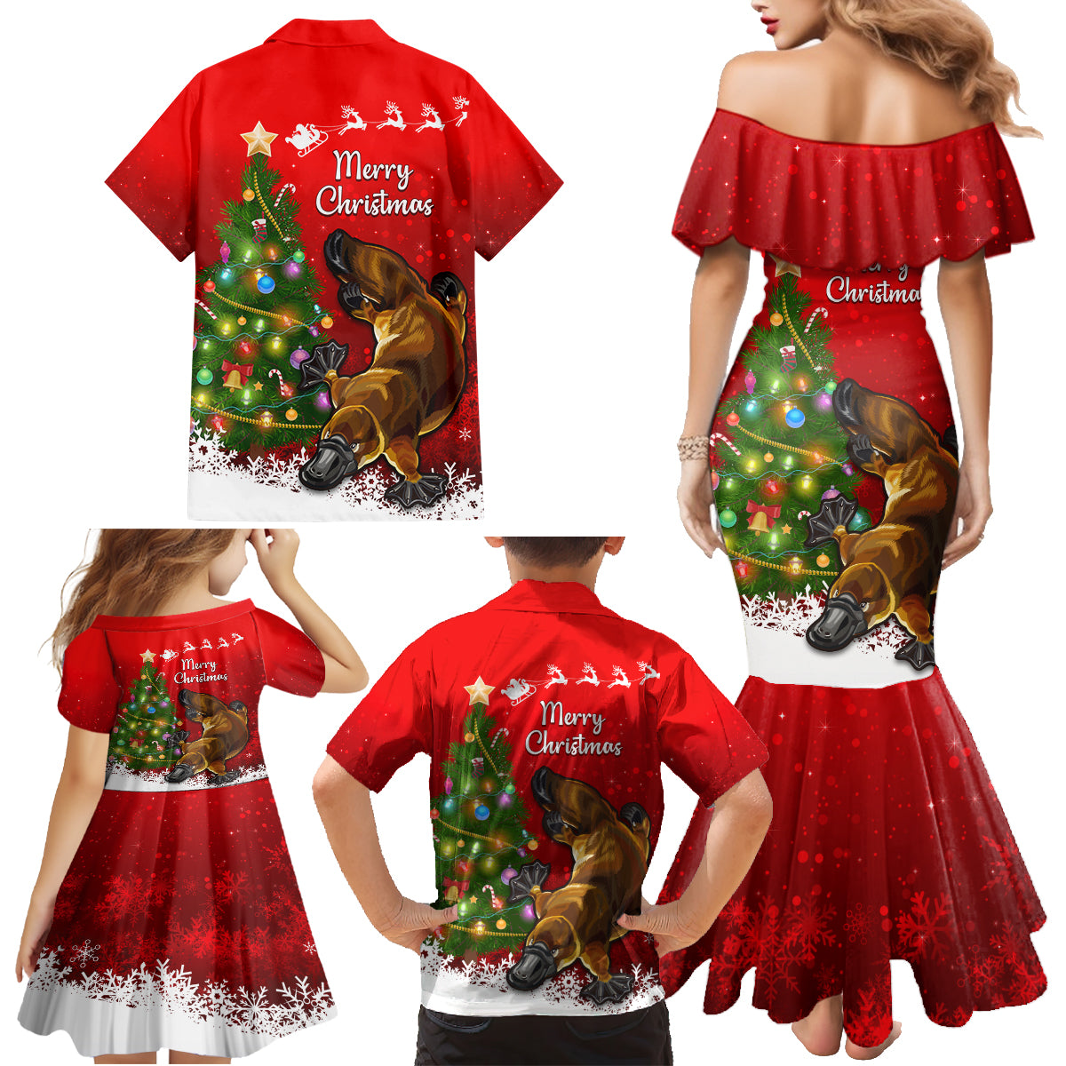 personalised-australia-christmas-family-matching-mermaid-dress-and-hawaiian-shirt-aussie-platypus-xmas-vibes