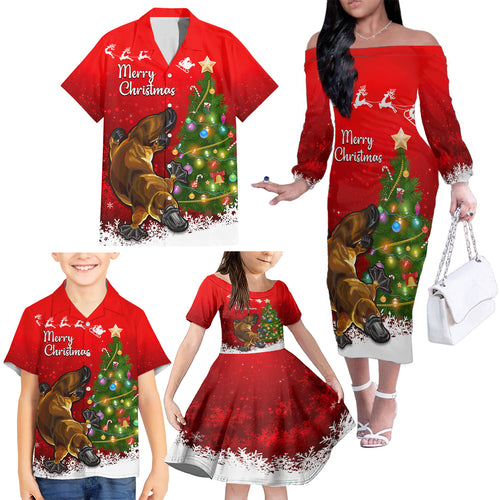 personalised-australia-christmas-family-matching-off-shoulder-long-sleeve-dress-and-hawaiian-shirt-aussie-platypus-xmas-vibes