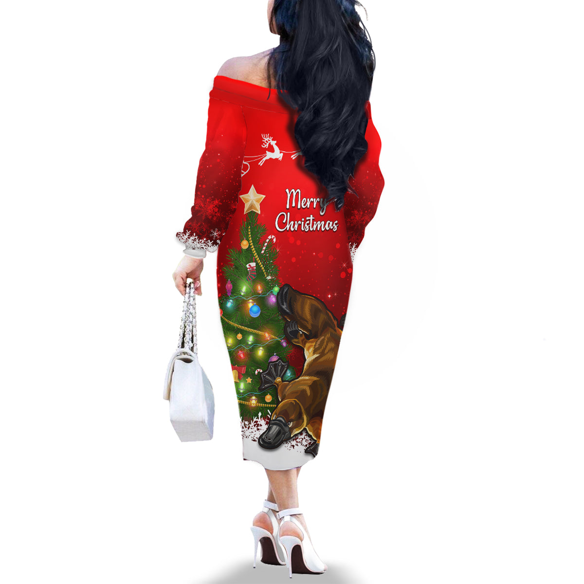 personalised-australia-christmas-family-matching-off-shoulder-long-sleeve-dress-and-hawaiian-shirt-aussie-platypus-xmas-vibes