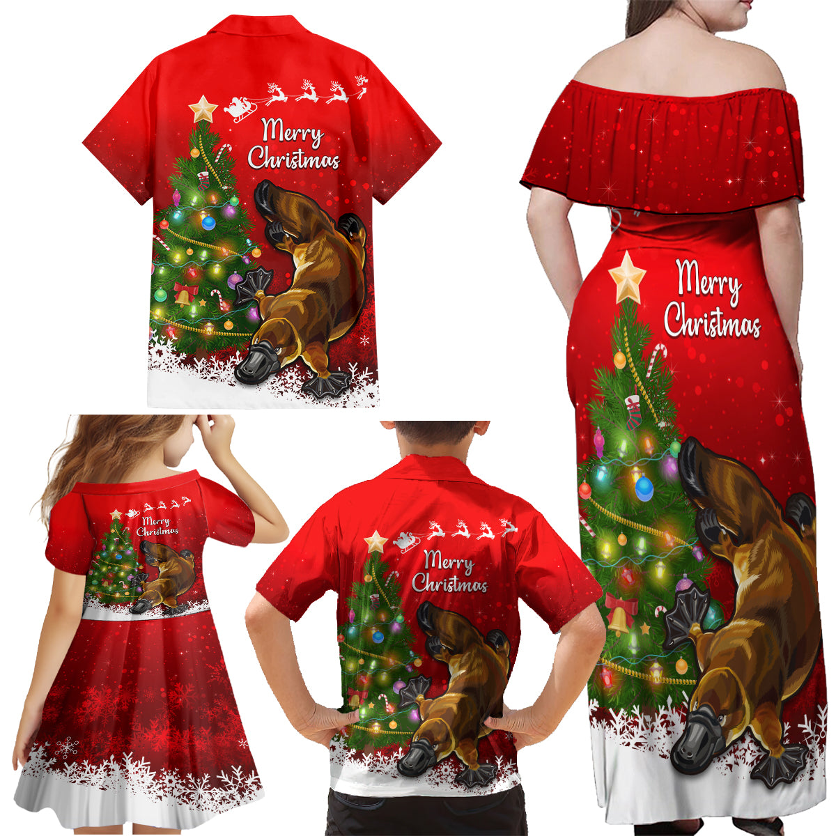 personalised-australia-christmas-family-matching-off-shoulder-maxi-dress-and-hawaiian-shirt-aussie-platypus-xmas-vibes