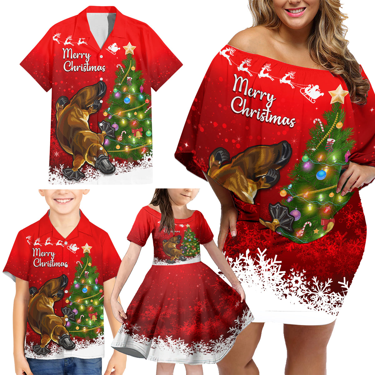 personalised-australia-christmas-family-matching-off-shoulder-short-dress-and-hawaiian-shirt-aussie-platypus-xmas-vibes