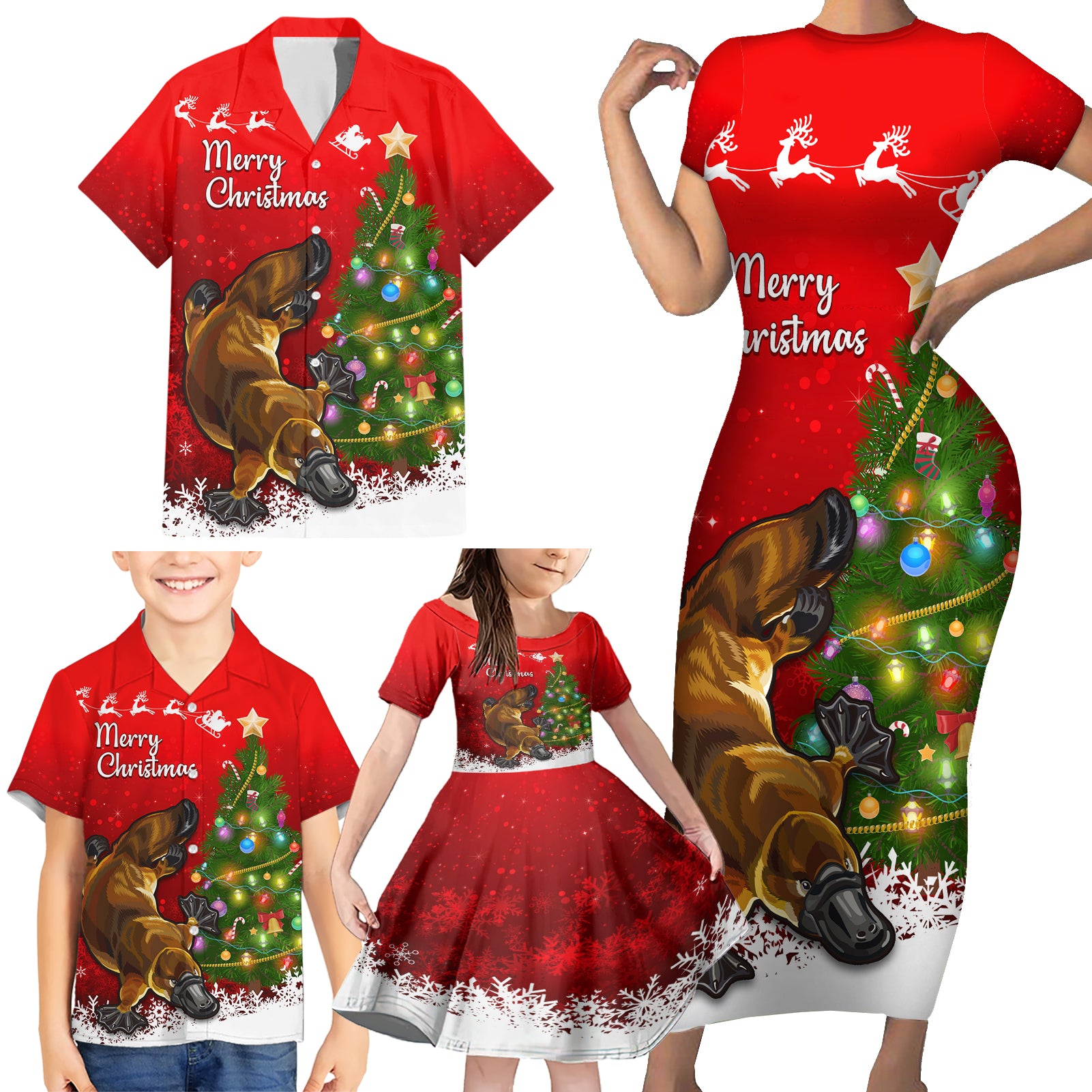 personalised-australia-christmas-family-matching-short-sleeve-bodycon-dress-and-hawaiian-shirt-aussie-platypus-xmas-vibes
