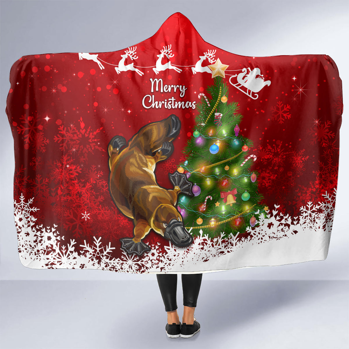 personalised-australia-christmas-hooded-blanket-aussie-platypus-xmas-vibes