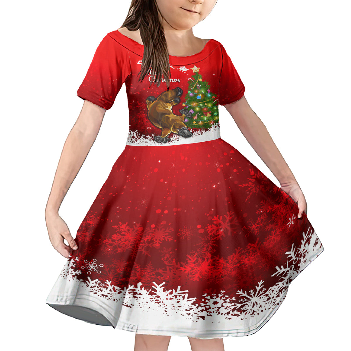 personalised-australia-christmas-kid-short-sleeve-dress-aussie-platypus-xmas-vibes