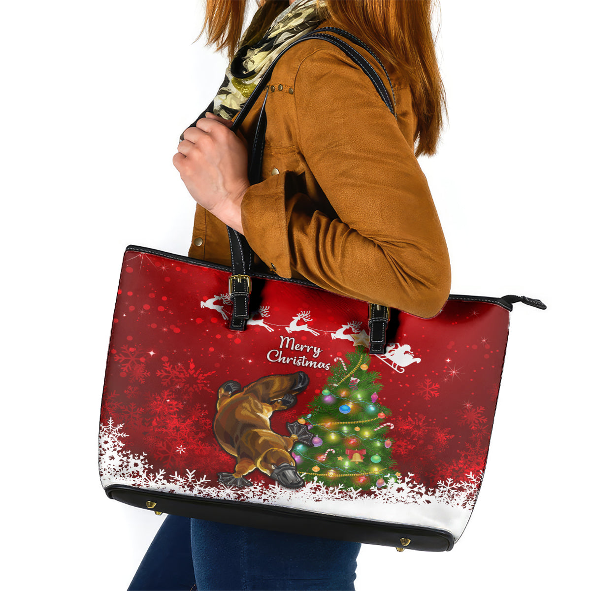 personalised-australia-christmas-leather-tote-bag-aussie-platypus-xmas-vibes