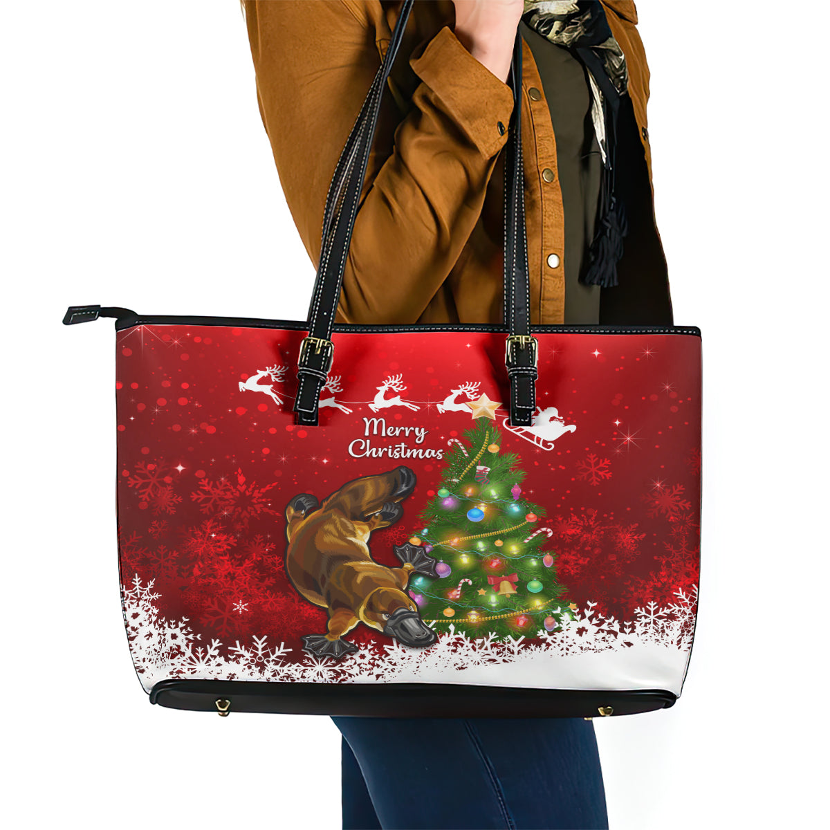 personalised-australia-christmas-leather-tote-bag-aussie-platypus-xmas-vibes